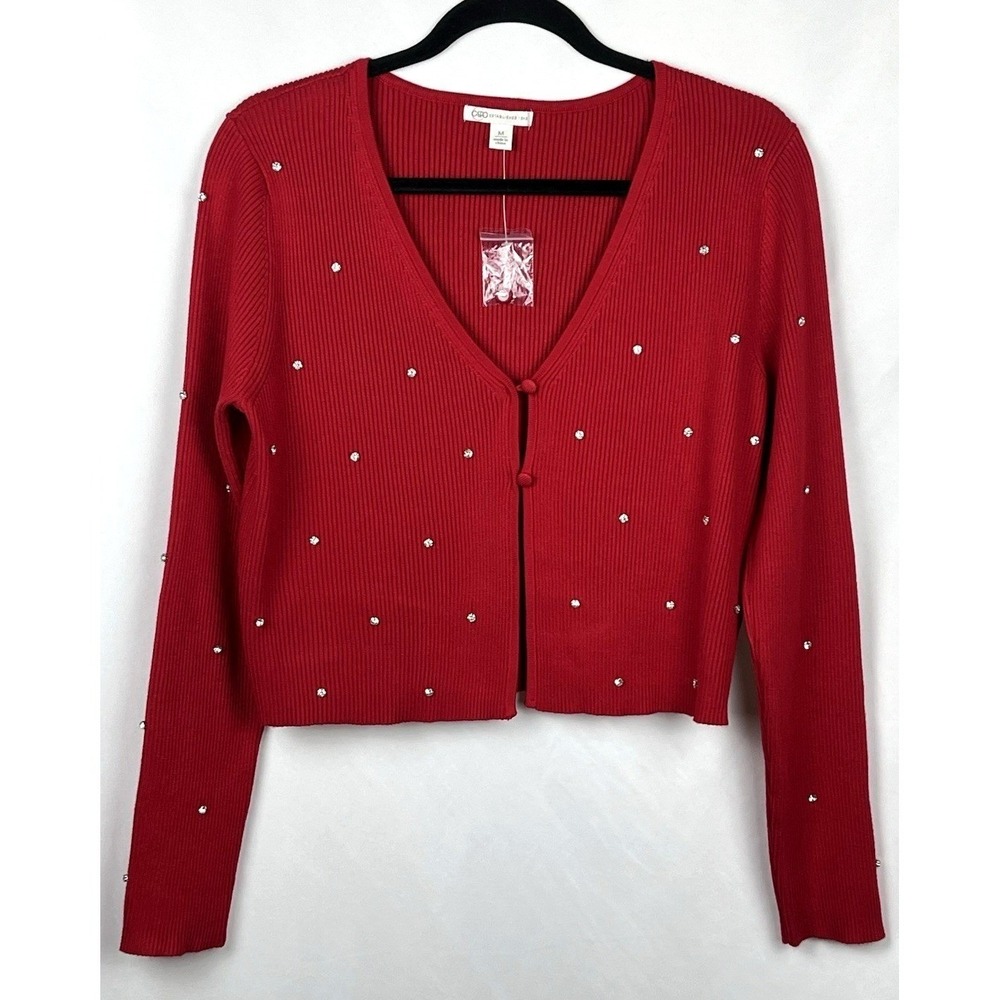 Y2K Revival Red‎ Ribbed Knit Rhinestone Cropped Cardigan Shrug Sweater Medium
